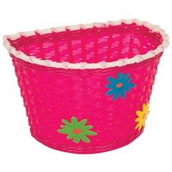 KIDDIES BASKET - PINK BASKET WITH GREEN/BLUE AND YELLOW FLOWERS