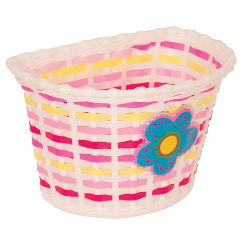 KIDDIES BASKET - WHITE BASKET WITH BLUE FLOWER AND PINK/ YELLOW WEAVE